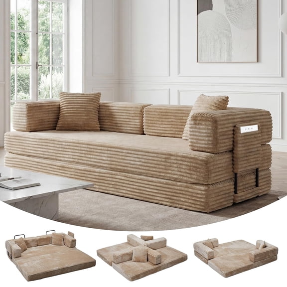 5-in-1 Convertible Memory Foam Sofa Bed with Storage Pocket,Corduroy Folding Couch with 2 Pillows for Living Room, Bedroom, Apartment & Dorm,Beige