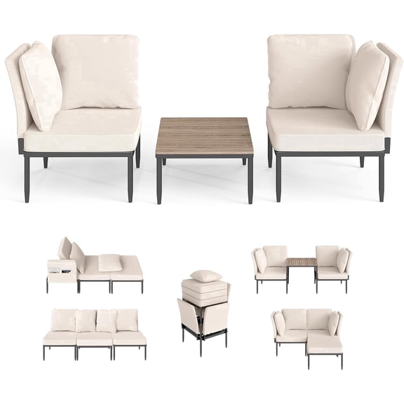 5-in-1 Modular Aluminum Patio Furniture Set, Stackable Outdoor Conversation Set with WPC Top Coffee Table, Convertible to Bench, Lounge & Loveseat for Backyard Pool Balcony