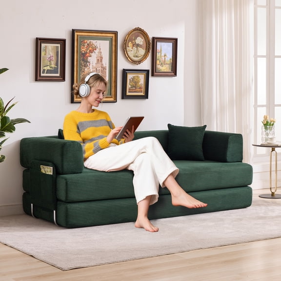 5-in-1 Convertible Sleeper Sofa Bed – 78.8'' Oversized Corduroy Futon Couch, Folding Modular Design with Sturdy Frame & 2 Pillows, No Assembly, Multi-Functional Chaise Lounge, Corduroy | Dark Green