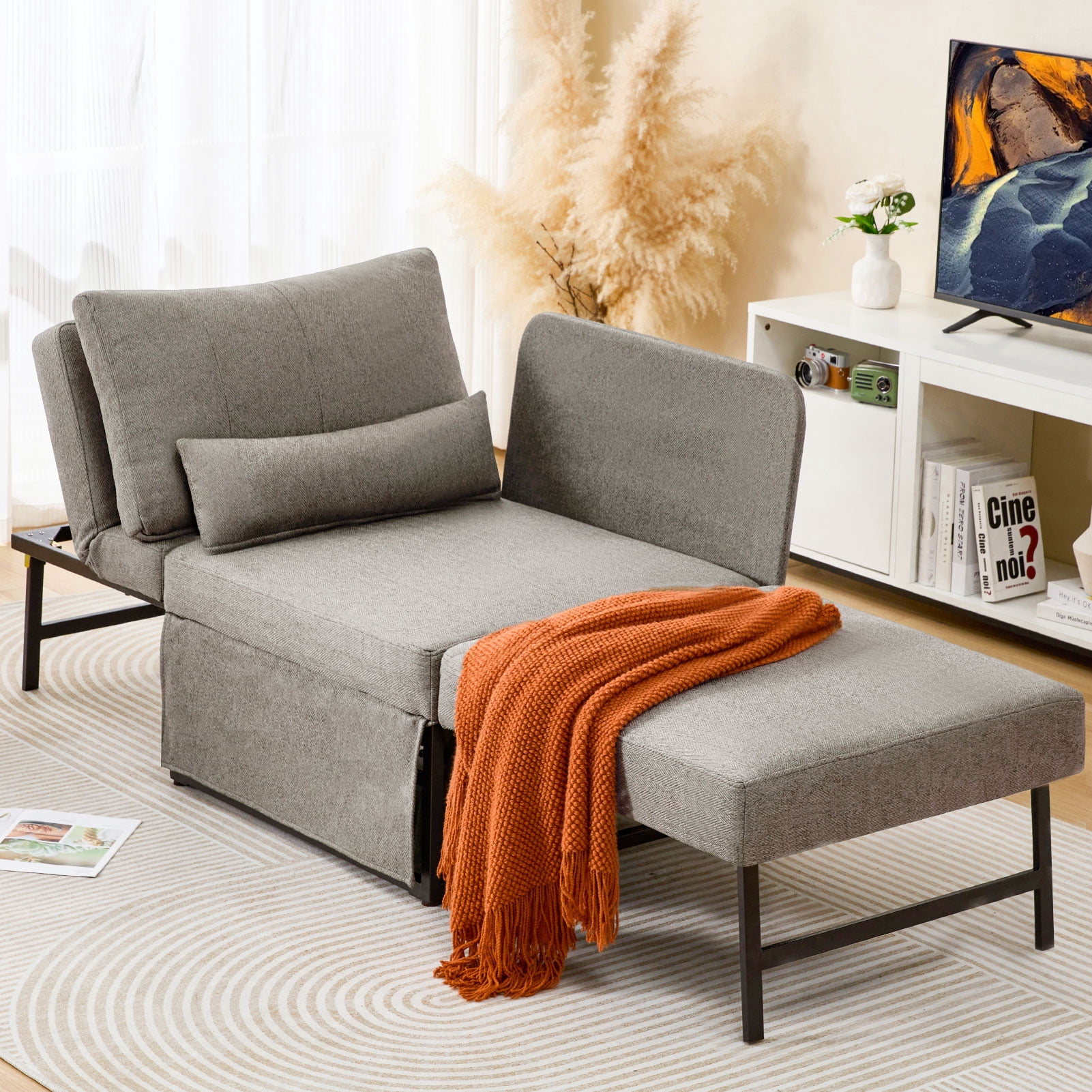 zzw 5-in-1 Convertible Sleeper Sofa Chair, Adjustable Linen Folding Ottoman Bed, Assembly-Free for Apartment Living Room