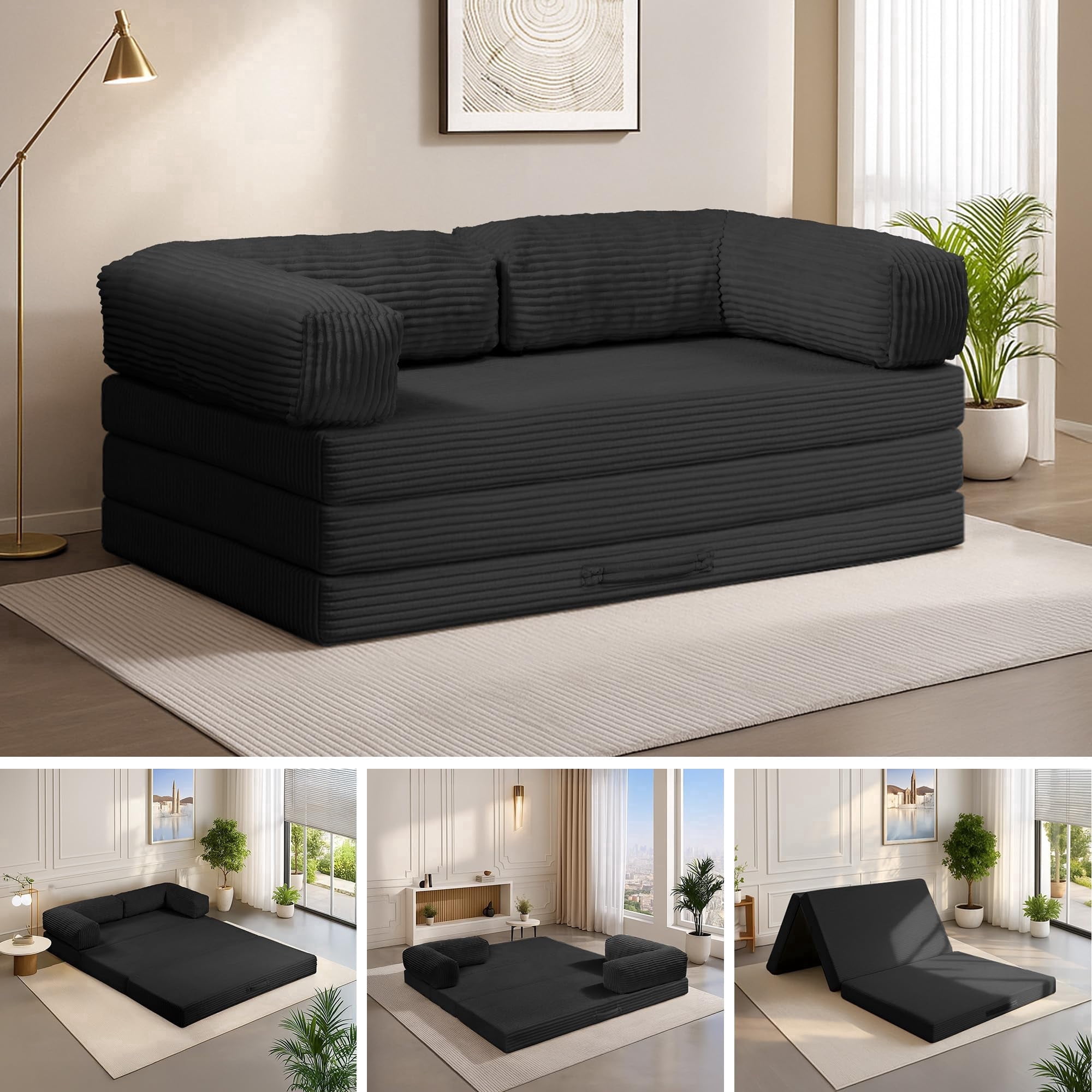 5-in-1 Convertible Sofa Bed,60" Boneless Couch Tri Folding Floor Mattress with Removable L-Shaped Armrests & Handle,Corduroy Futon Couch Sleeper for Living Room Bedroom Apartment, Black