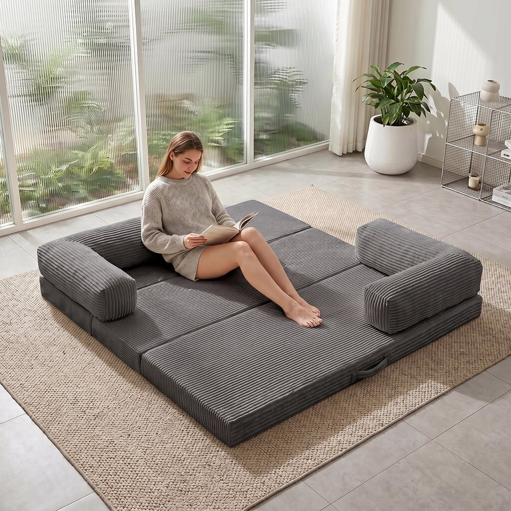 Convertible Sofa Bed Queen,Tri-Fold Boneless Couch with Removable Armrests & Handle,Corduroy Futon Floor Folding Mattress