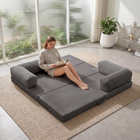 Convertible Sofa Bed Queen,Tri-Fold Boneless Couch with Removable Armrests & Handle,Corduroy Futon Floor Folding Mattress