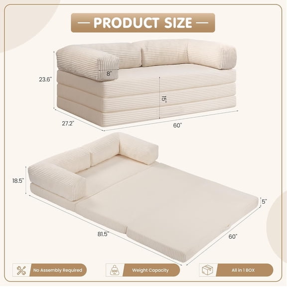 5-in-1 Convertible Sofa Bed,60" Boneless Couch Tri Folding Floor Mattress with Removable L-Shaped Armrests & Handle,Corduroy Futon Couch Sleeper with Pull Out Bed for Living Room Bedroom Apartment