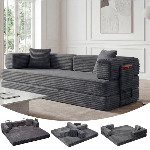 5-in-1 Convertible Sofa Bed, 80.7 Inch Folding Corduroy Couch with Storage Pocket, No Assembly Required, 4 Pre-Shaped Frames and 2 Pillows, Space-Saving Multi-Function Sofa Couch