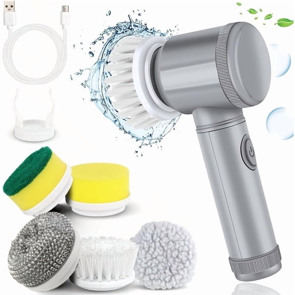 5-in-1 Cordless Electric Spin Scrubber – 5 Brush Heads, 80-120Min Battery, 350° Rotation, 2 Speeds, IPX7 Waterproof, Lightweight for Bathroom/Kitchen/Tile/Shower (Rechargeable)