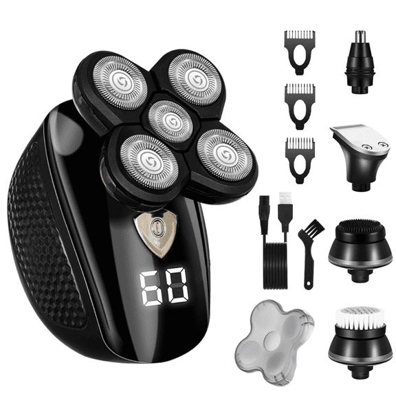5 in 1 Cordless Head Shavers for Men, Electric Razor for a Perfect Bald Wet/Dry Grooming Kit, Rechargeable 5D Rotary Shaver, Black