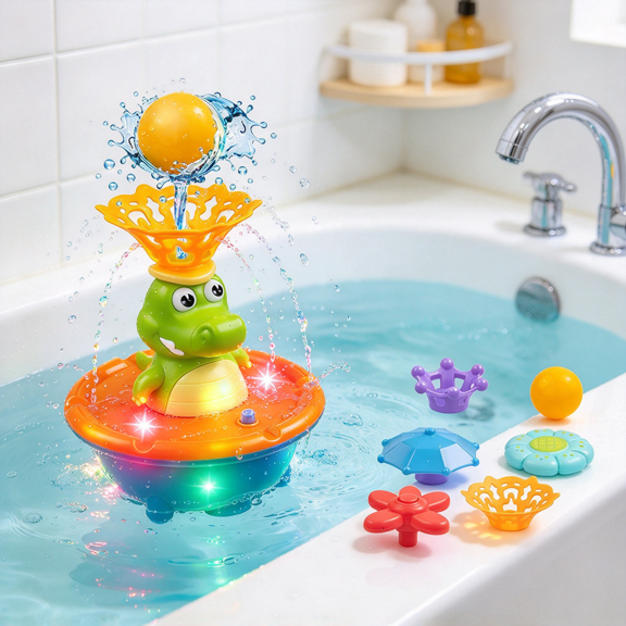5-in-1 Crocodile Fountain Bath Toy with LED Lights, Multiple Spray Modes Automatic Bathtub Water Toy, Fun Swimming Pool & Shower Toy for Boys and Girls, Great Birthday Gift