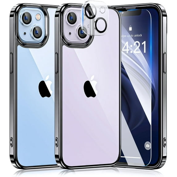 5 in 1 Crystal Slim Clear for iPhone 14 Case,Not-Yellowing & Military Grade Drop Protection (Black)