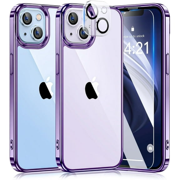 5 in 1 Crystal Slim Clear for iPhone 14 Case,Not-Yellowing & Military Grade Drop Protection (Purple)