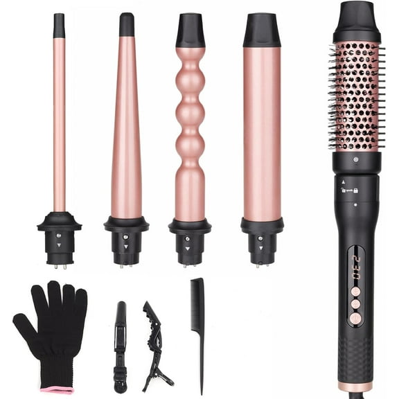 5 in 1 Curling Iron Brush Set with Thermal Brush and 4 Interchangeable Ceramic Curling Wand(0.5-1.25), Fast Heating, Dual Voltage, Include Glove