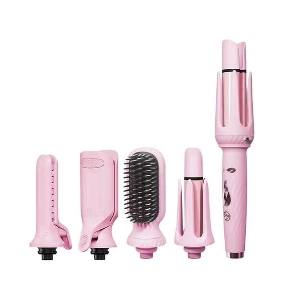 5-in-1 Curling Iron Set with Interchangeable Barrels & Straightener Brush – Pink All-in-One Hair Styling Kit