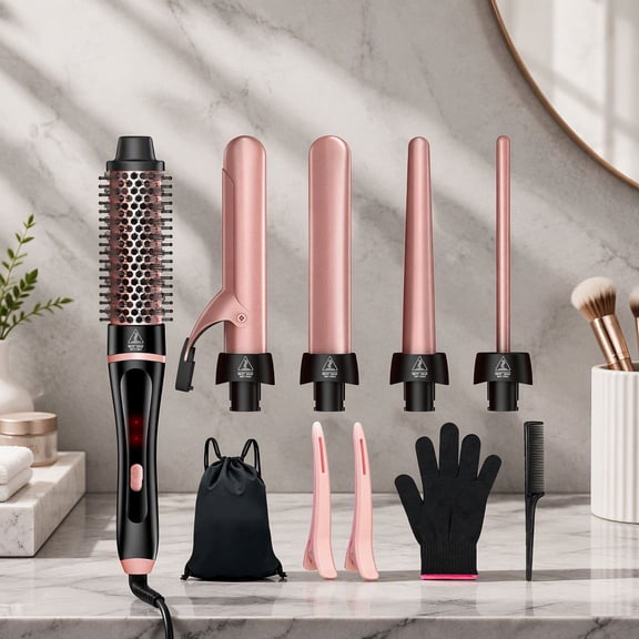 5 in 1 Curling Iron and Thermal Brush Set, 4 Interchangeable Barrels 0.35-1.25 Inch, Fast Heat, Travel Case Included