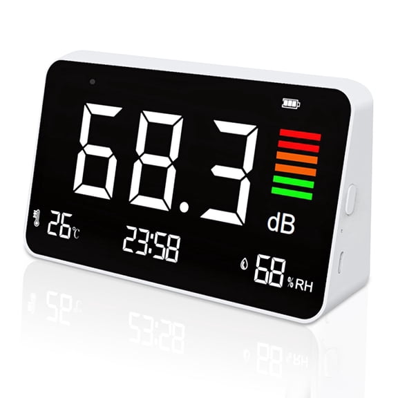 5-in-1 Decibel Meter,Digital Sound Level Meter 30-130db with LCD Display,8.5inch Noise Time Temperature Humidity Meter for Classroom, Studio, Home, Factory