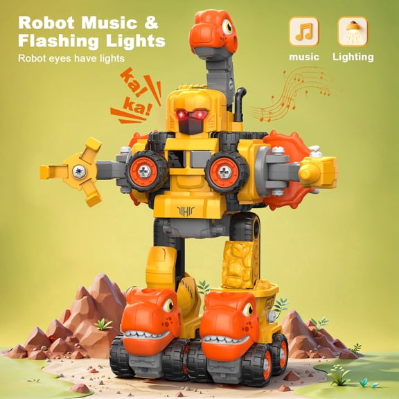 5-in-1 Detachable Dinosaur Construction Vehicle Transforming Robot DIY Screw-Turning Toy