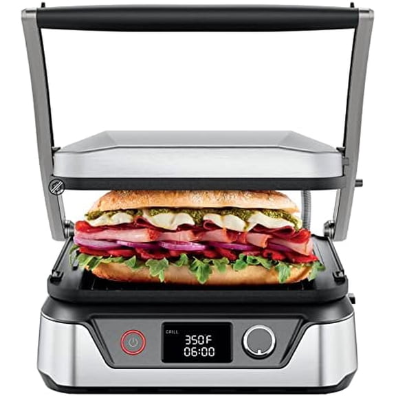 5-in-1 Digital Panini Press Grill Sandwich Maker and Griddle Grill Combo with Removable, Reversible Dishwasher-Safe Grilling Plates, Opens 180° for Indoor BBQ /Flat Top Grill, Stainless steel