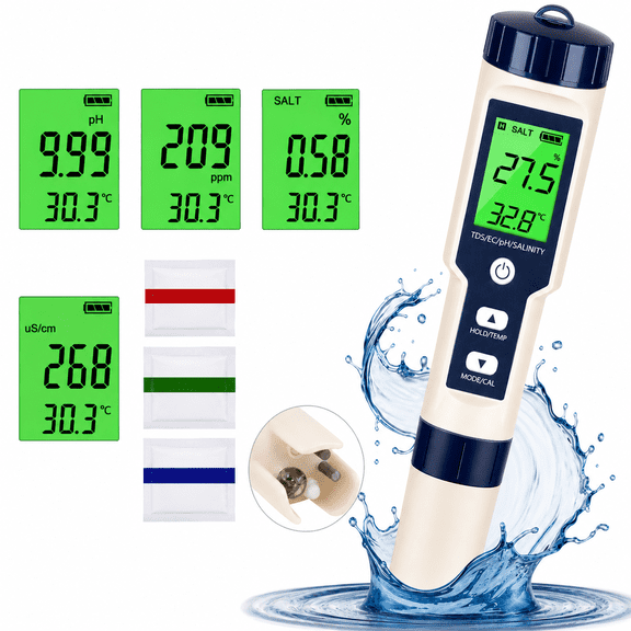 5-in-1 Digital Water Quality Tester  PH/TDS/EC/Salinity/Temperature Meter, US Plug Digital PH Meter Pool Salt Tester for Water Temp Meter ATC Household, Hydrophonic, Precision Algorithm Chip