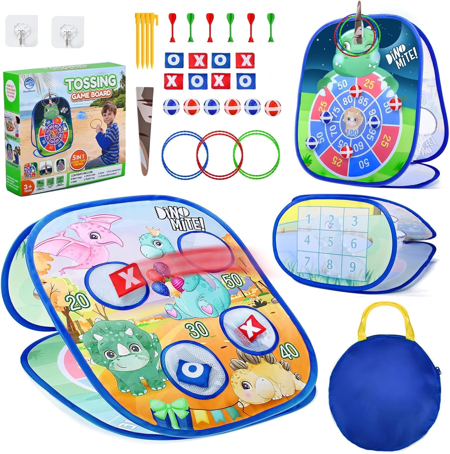 5-in-1 Dinosaur Bean Bag Toss Game Toy for Kids, Dart Board & Ring Toss, Fun Outdoor & Indoor Party Game for Toddlers Kids Ages 3-8, Birthday Christmas Holiday Gift