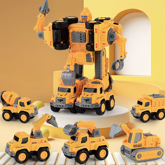 5-in-1 Dinosaur Toy Set Construction Vehicles Combination Robot Fire Engine Excavator Pull Back Cars for Boys Kids Gift(B)