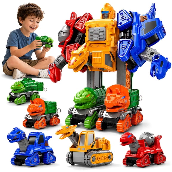 5-in-1 Dinosaur Transforming Robot Toy, Construction Vehicle Set for Kids 3-8, STEM Educational Building Toy Cars