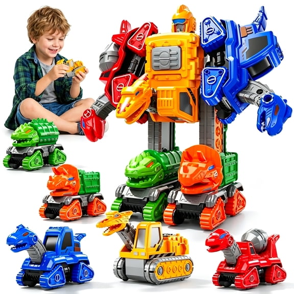 5-in-1 Dinosaur Transforming Robot Toy, Construction Vehicle Set for Kids 3-8, STEM Educational Building Toy Cars