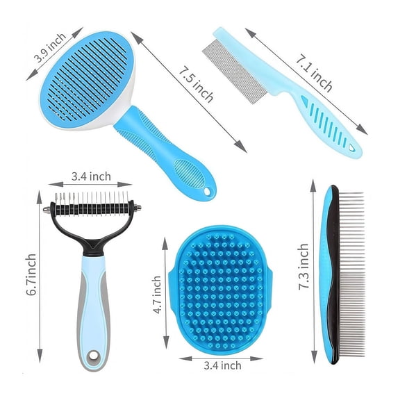 5-in-1 Dog Grooming Kit with Brush, Rake, Comb for Short and Long Hair - Blue Set
