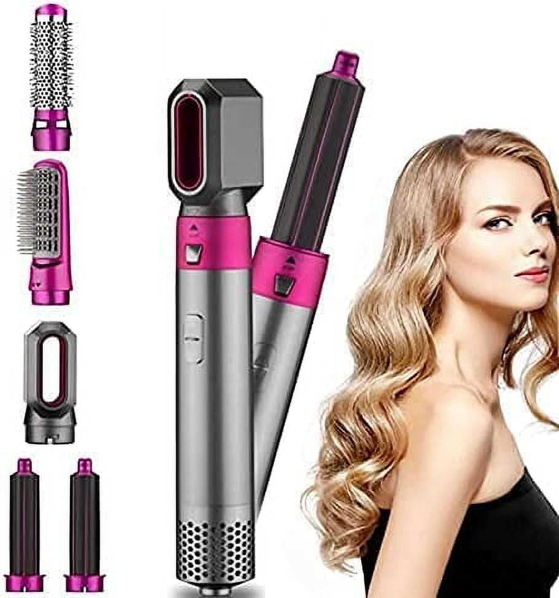5-in-1 Electric Hair Dryer Brush - Negative Ionic Hair Styler with Detachable Brush Heads - Blow Dryer Brush for Straightening and Automatic Curling Styling, Color: GreyRed