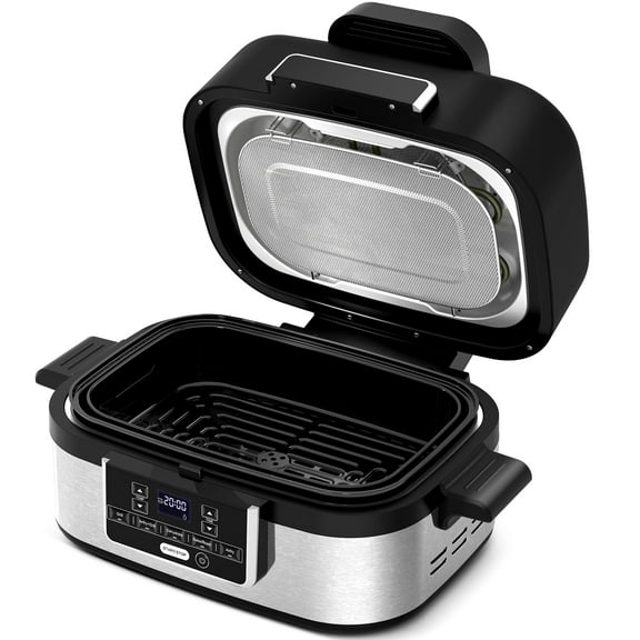5-in-1 Electric Indoor Grill & Air Fryer Combo, 5QT Large Capacity, Stainless Steel Smokeless, Roast, Bake, Dehydrate, Beef & Fries, Black, Electactic