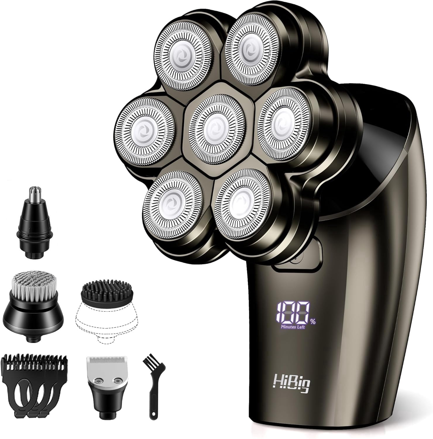 5-in-1 Electric Razor for Men, 7D Floating Head Shaver, IPX7 Waterproof Wet/Dry Body Grooming Trimmer, USB-C Rechargeable with LED Display, for Bald Head, Beard, Legs, Underarms, Dark Gray