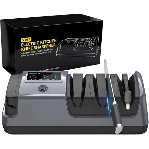 5-in-1 Electric Sharpener for - Abrasive Sharpener with 3 Speeds & LCD Display | Sharpens Straight, Serrated, Kitchen & | Automatic, Safe, Easy to Use (GERY)
