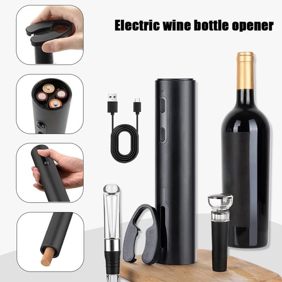 5-in-1 Electric Wine Opener Set w/ Storage Base, Rechargeable Automatic Wine Bottle Opener Kit, Vacuum Wine Stopper, Aerator Pourer, Foil Cutter, Complete Wine Accessory Gift Set for Party Wedding