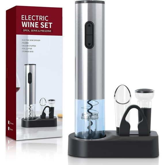 5-in-1 ElectricWine Bottle Opener Set Battery Operated Reusable Corkscrew with Storage Base, Foil Cutter, Wine Pour& Wine Stopper (Silver)