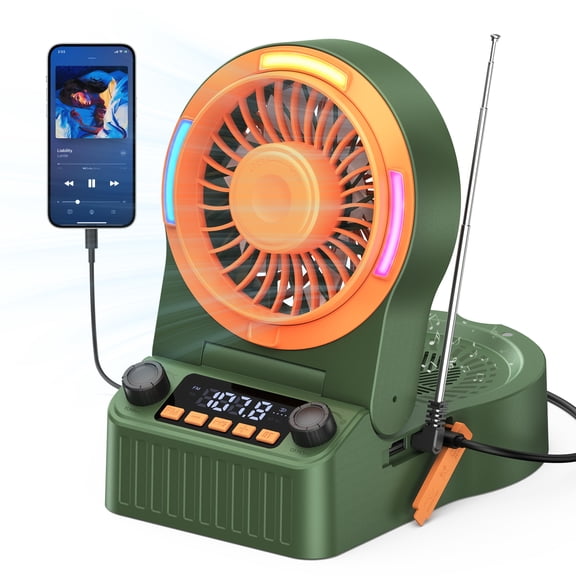 Camping Fan, 20,000mAh Rechargeable Battery Operated Fan with Hand Crank, Bluetooth Speaker, FM Radio, LED & RGB Light, Stepless Speed Portable Fan for Power Outage, Tent