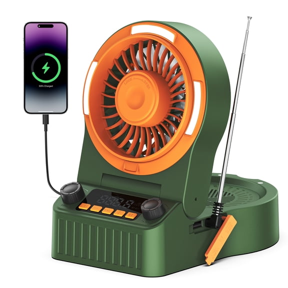 5-in-1 Emergency Camping Fan, 20,000mAh Rechargeable Battery Operated Fan with Hand Crank, Bluetooth Speaker, FM Radio, LED & RGB Light, Stepless Speed Portable Fan for Power Outage, Tent