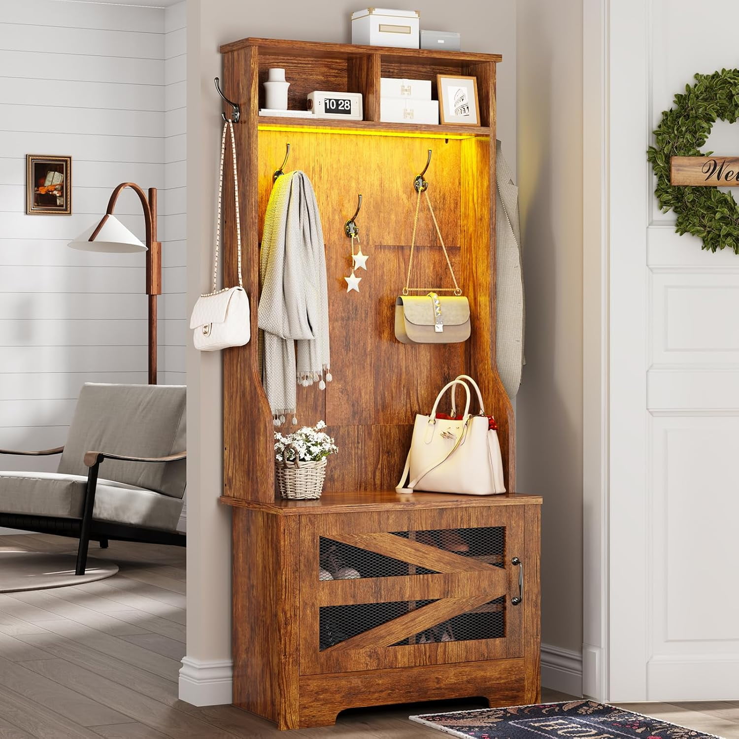 5-in-1 Entryway Bench with Bench and Shoe Storage, Hall Tree with Coat Rack, 5 Shoe Cubbies & 5 Coat Hooks, Barn Door & Adjustable Shelf, Rustic Brown