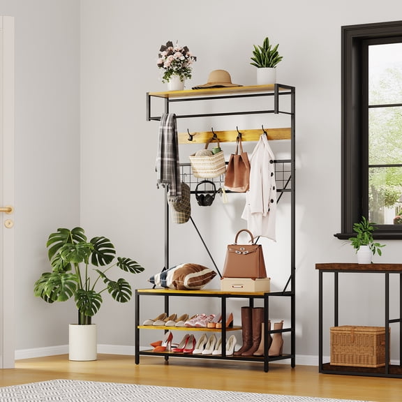 5-in-1 Entryway Hall Tree with Bench and Shoe Storage, Coat Rack with Hanging Bar, Hooks and Mesh Grid, Adjustable Top Shelf, Metal Frame, Black/Charcoal Woodgrain