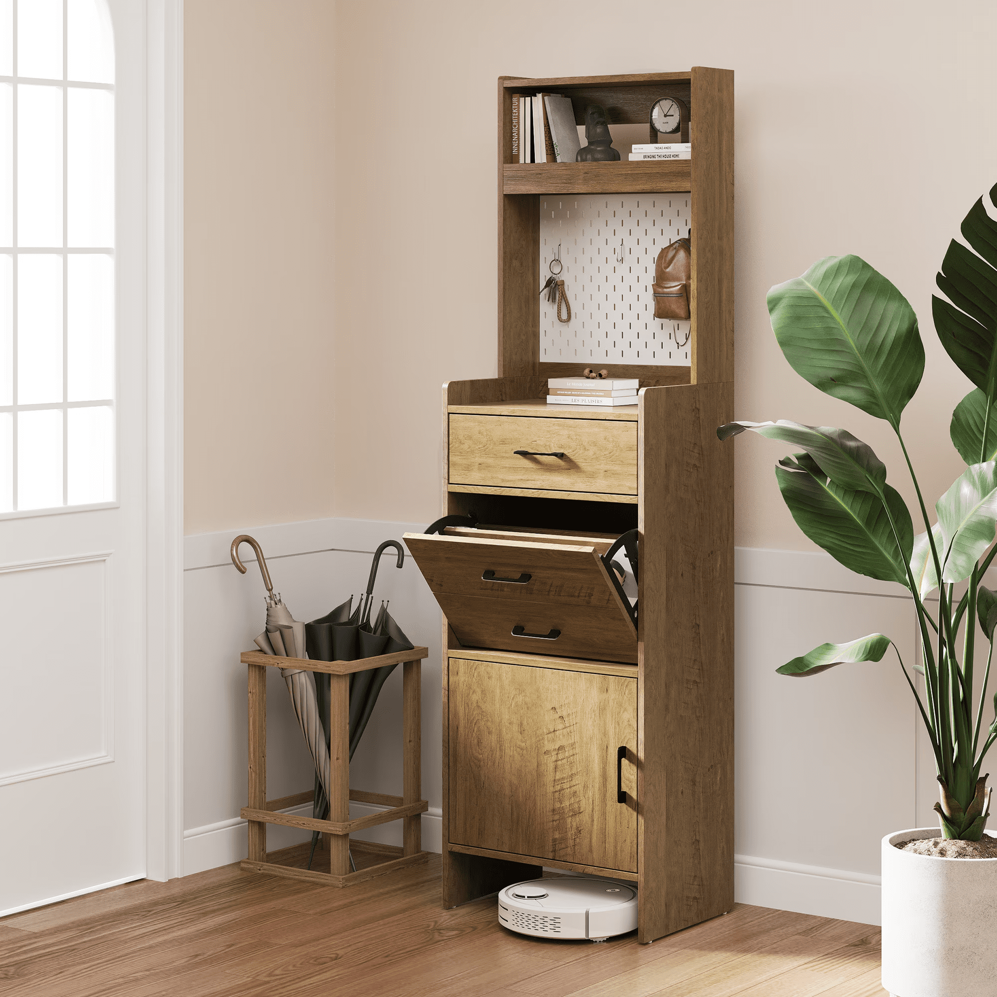 5-in-1 Entryway Shoe Cabinet with Flip Drawer & Pegboard, Wood Shoe Storage Organizer with Adjustable Shelves, Anti-Tip Hall Tree for Foyer Living Room Bedroom