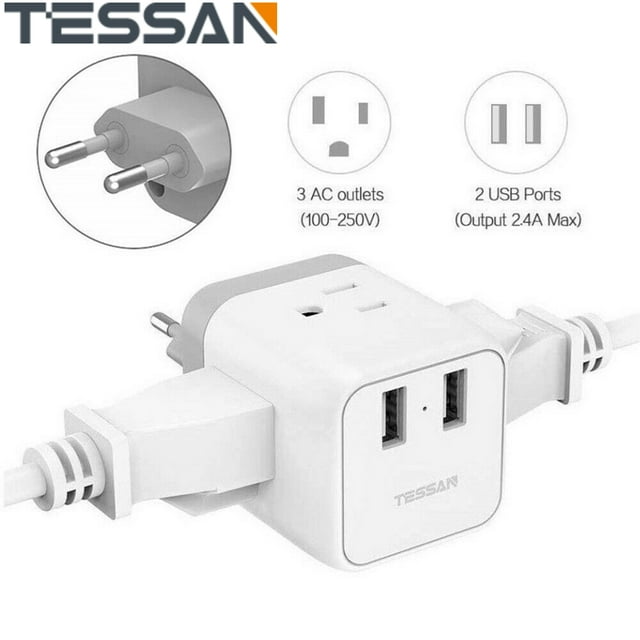 5 in 1 European Plug Adapter,3 AC Outlets 2 USB Ports,for Italy Greece