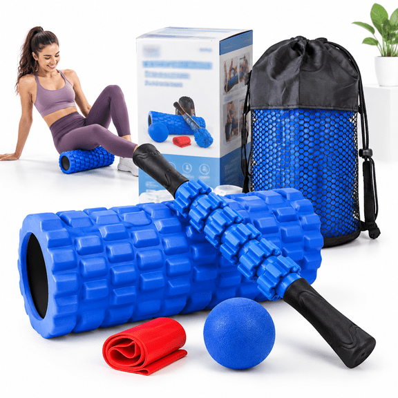 5-in-1 Exercise Foam Roller Set, Deep Blue, High Density Kit