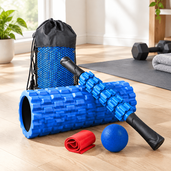 5-in-1 Exercise Foam Roller Set, Deep Blue, High Density Tools for Fitness and Stretching