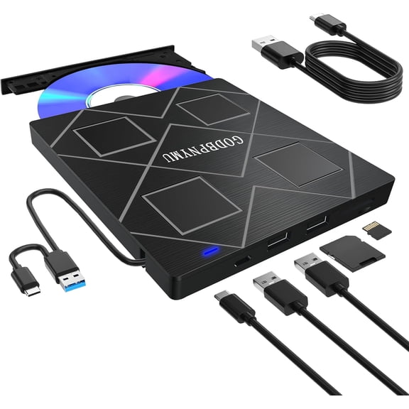 5-in-1 Extemal CD/DVD Drive for Laptop,USB 3.0 & Type-C Portable CD/DvD Rw Burner with SD/TF Card Reader &DVD-ROM Rewritable PlayerCompatible with Laptop Pc Desktop, Windows11/10/8/7 Linux Mac os