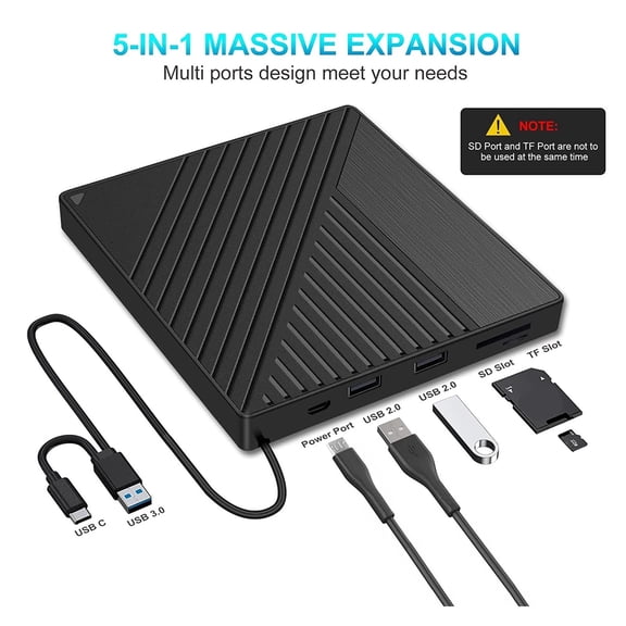 5 in 1 External Optical Drive DVD/CD Burner Reader with USB Ports SD/TF Card Reader for Laptop ,Compatibility