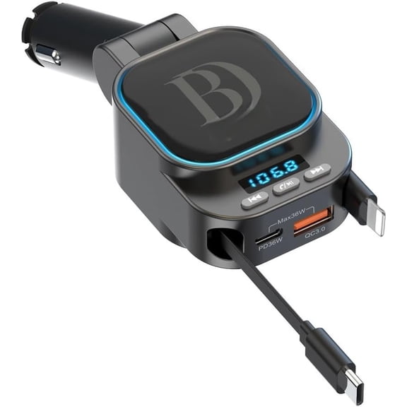 5 in 1 FM 5.3 Transmitter, Retractable & Cables, Dual -C/-A Ports, Up to 90W , Black