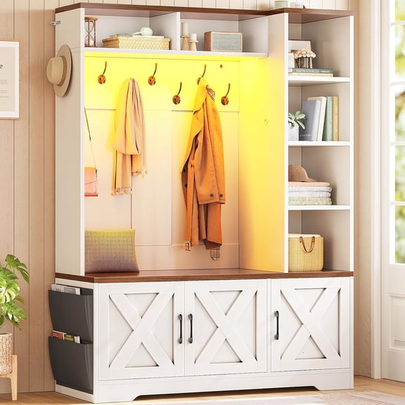 5-in-1 Farmhouse Hall Tree with Bench and Shoe Cabinet, 43.3 Inch Wood Entryway Coat Rack with 10 Hooks, 6 Storage Cubbies, Smart LED Light Storage Bench for Living Room, Hallway, White + Brown