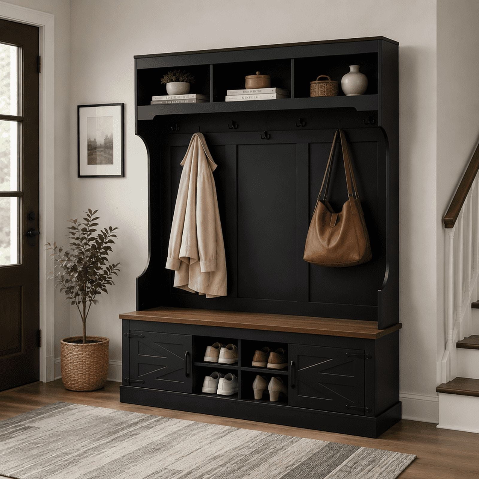 5-in-1 Farmhouse Hall Tree Bench and Shoe Storage, Entryway Storage Organizer Cabinet with Coat Rack,4 Shoe Cubbies & 7 Hooks for Hallway, Entryway, Living Room