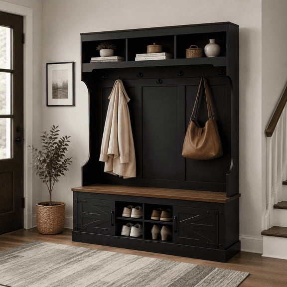 5-in-1 Farmhouse Hall Tree Bench and Shoe Storage, Entryway Storage Organizer Cabinet with Coat Rack,4 Shoe Cubbies & 7 Hooks for Hallway, Entryway, Living Room