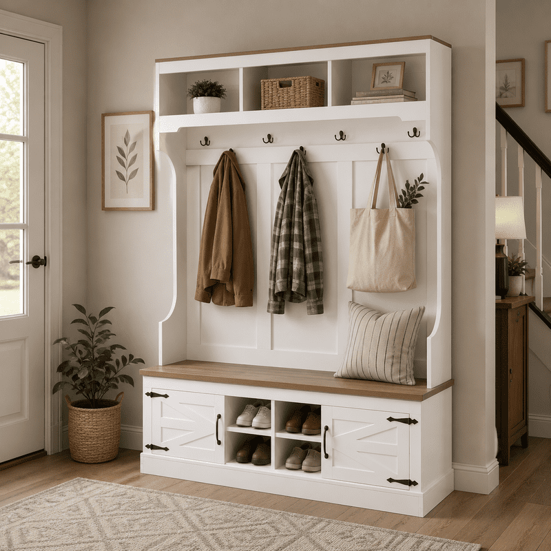 5-in-1 Farmhouse Hall Tree Bench and Shoe Storage, Entryway Storage Organizer Cabinet with Coat Rack,4 Shoe Cubbies & 7 Hooks for Hallway, Entryway, Living Room