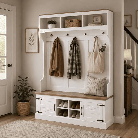 5-in-1 Farmhouse Hall Tree Bench and Shoe Storage, Entryway Storage Organizer Cabinet with Coat Rack,4 Shoe Cubbies & 7 Hooks for Hallway, Entryway, Living Room