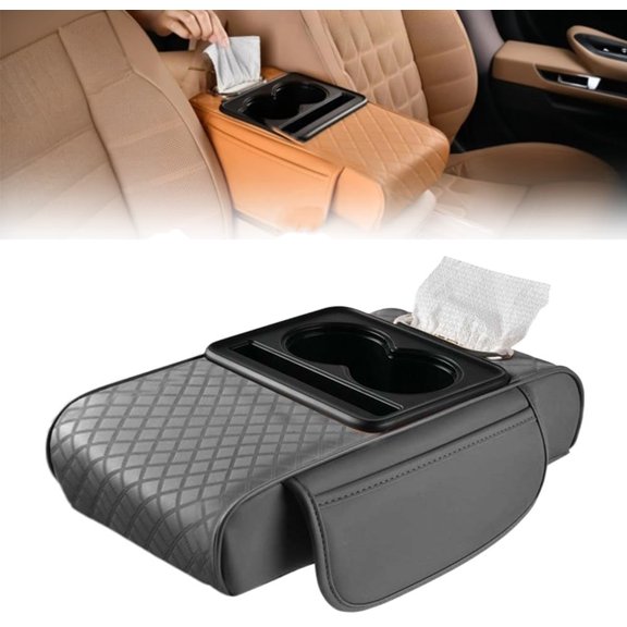 5-in-1 Faux Leather Car Center Console Cover, Armrest Pad w/ 2 Storage Pockets, Cup/Tissue/Phone Holders for Universal Interior (B-04)