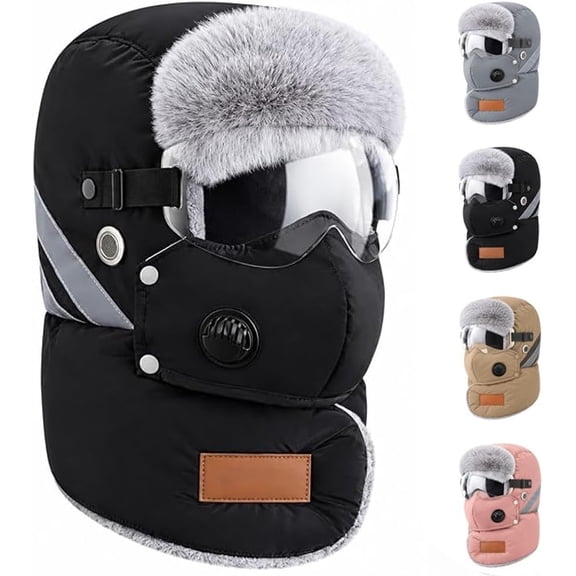 5-in-1 Fleece Balaclava Face Mask with Goggles, Winter Neck Warmer Hat, Windproof Thermal Hood for Skiing and Snowboarding